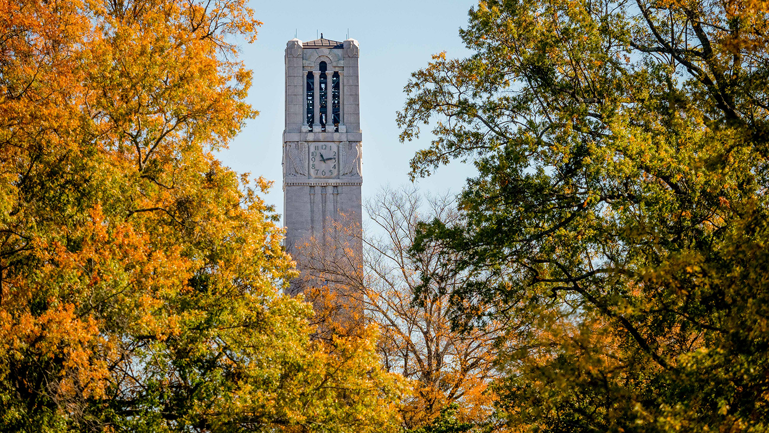 The Memorial Belltower surrounded by fall leaves. Photo by Becky Kirkland.