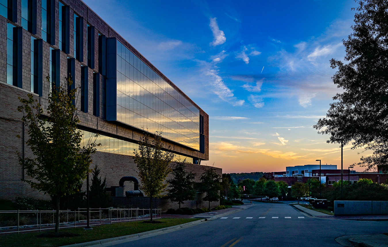 The Hunt Library glows with warm light on an early November afternoon.