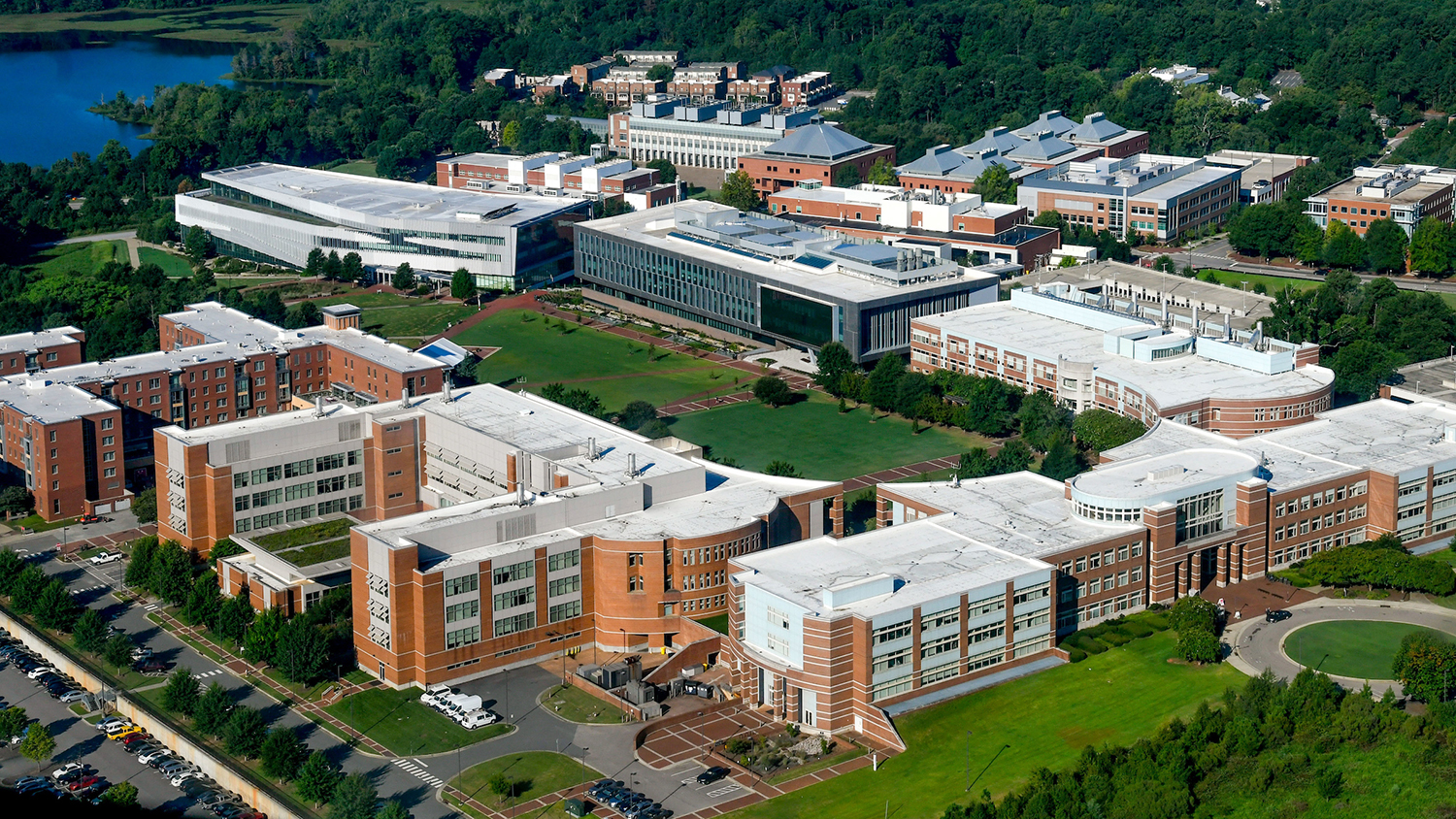 Aerial view of The Oval and surrounding Engineering buildings and Hunt Library on NC State's Centennial Campus.