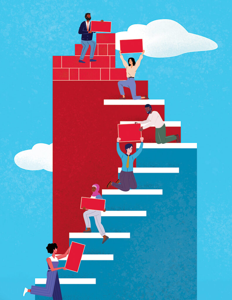 A color drawing of a blue and red staircase with figures climbing. Each are passing red bricks to each other to help build at the top of the stairs. The sky is light blue with white clouds in the background.