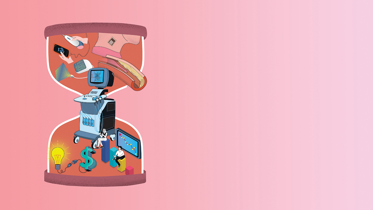 Artist illustration of hourglass with a variety of medical instruments, individuals, a cross-section of an artery and other medical icons surrounding an ultra sound machine located in the middle. The background is a light pink gradient, dark to light, left to right.