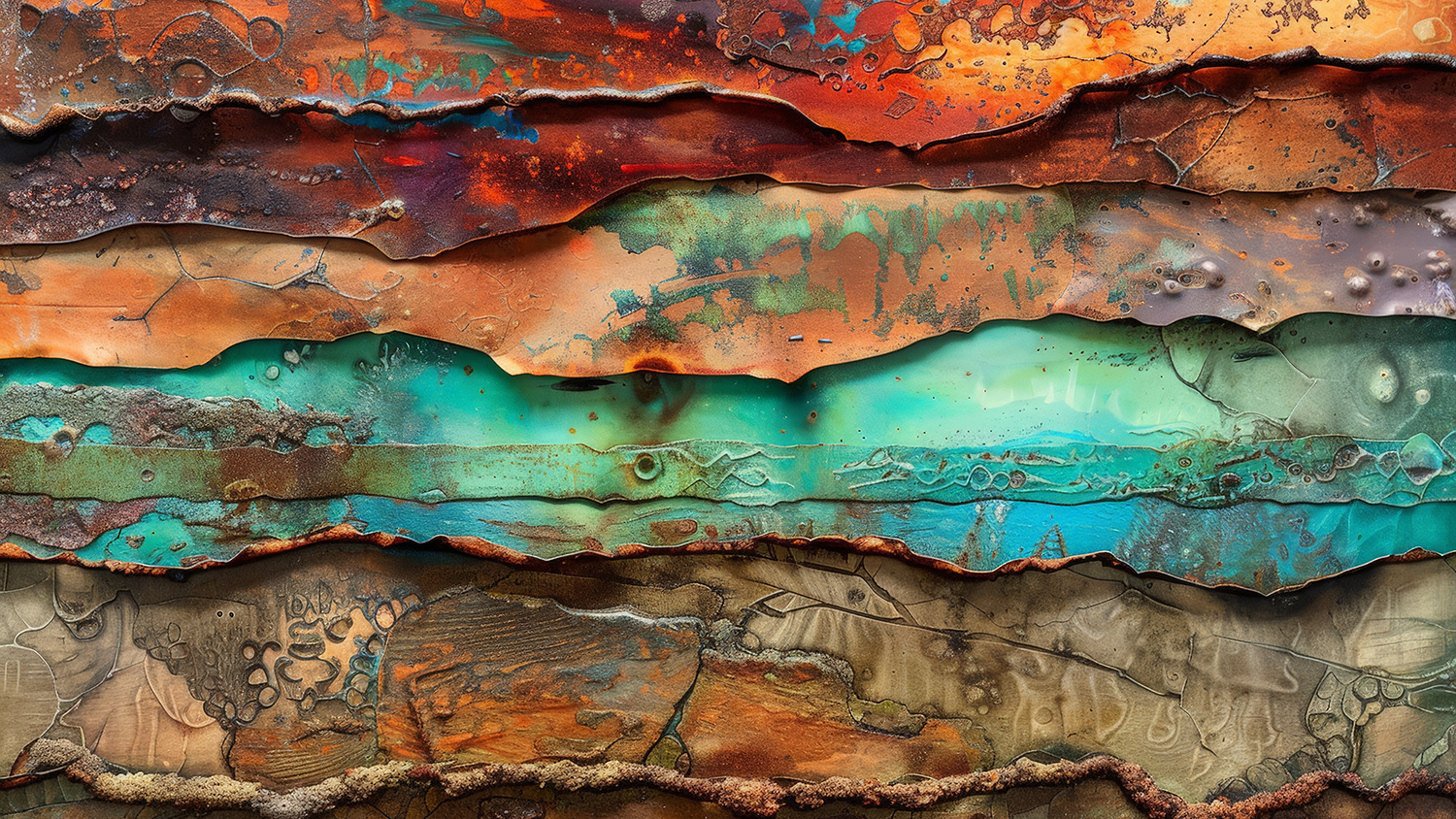 Several layers of scrap metal with ragged edges laid over top of each other. Oxidation has occurred on them producing varying red, green and brown colors on the surfaces.
