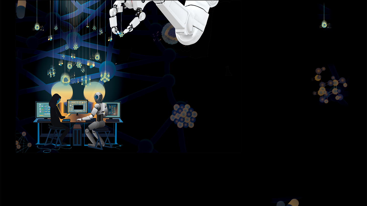 artist illustration of a self driving lab. black background with a human and robot working at three desktop computers (left), a white robotic arm above them and several molecules scattered around the image.