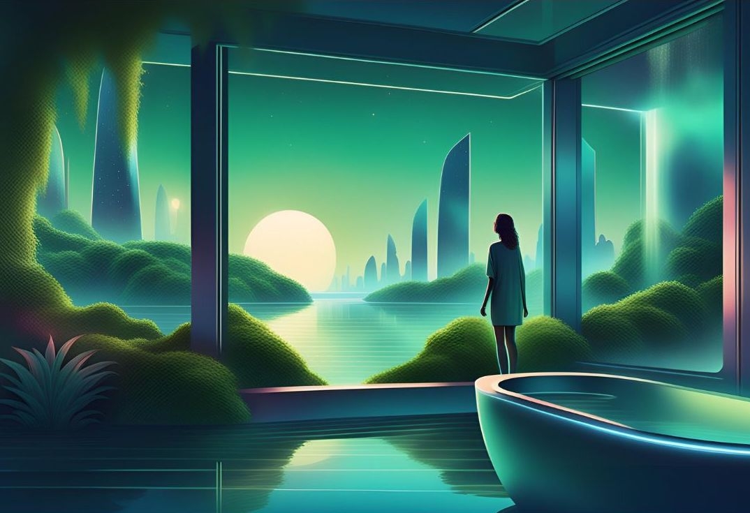 AI-generated image of person in bathroom looking at green cityscape.