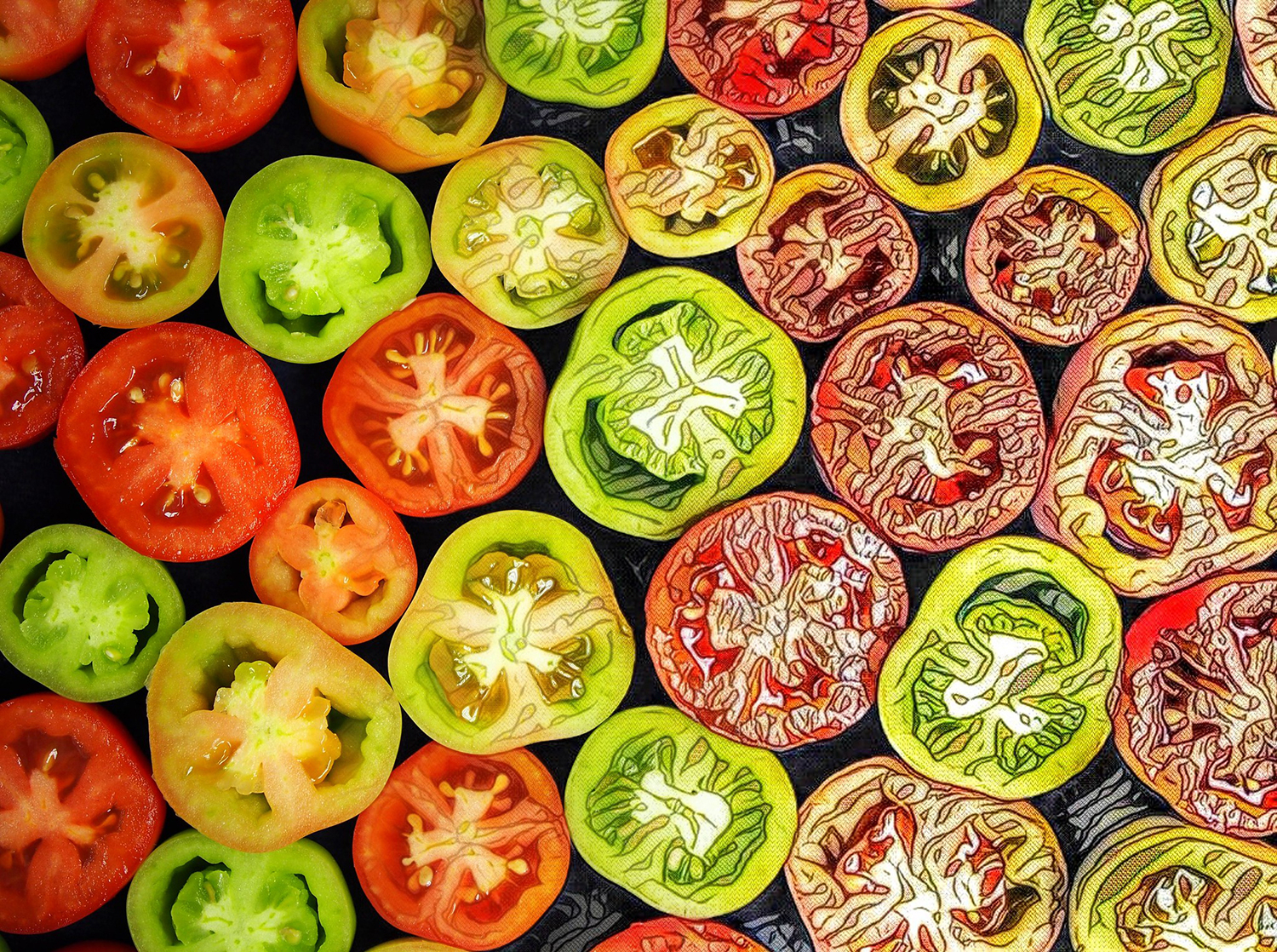 A graphic & data visualization of green and red tomatoes cut in half.