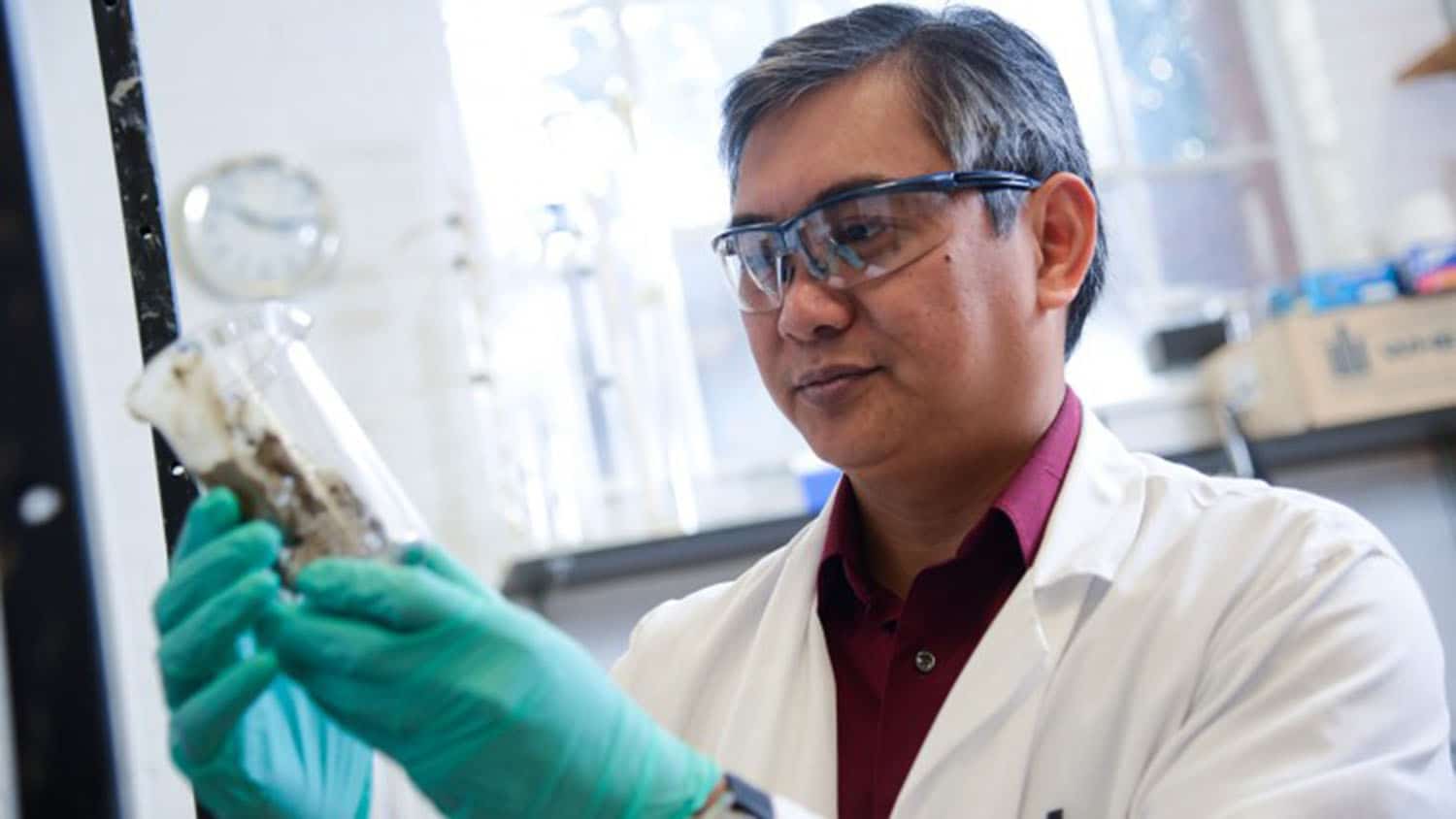 Francis de los Reyes III, Glenn E. and Phyllis J. Futrell Distinguished Professor wears green lab gloves and white lab jacket and protective goggles while holding a sample in a container.