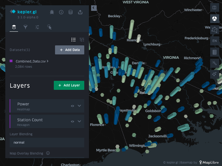 An image of an interactive map showing broad availability of a variety of public charging stations throughout the state of North Carolina.