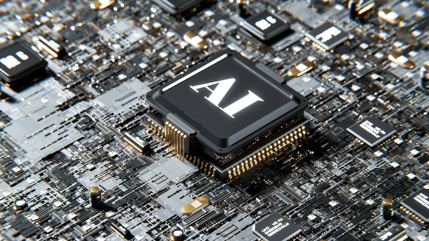 a circuitboard features a large black chip with the letters AI written on it