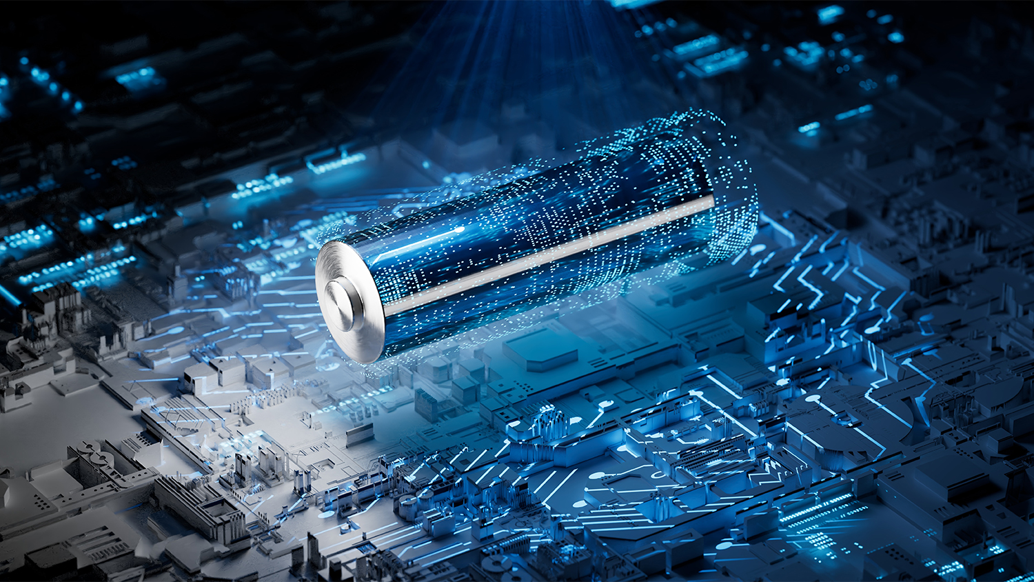 Digital image of a cylindrical battery integrated into a circuit board. The battery and circuit board a lit a low blue light surrounded by gray and black at the edges.