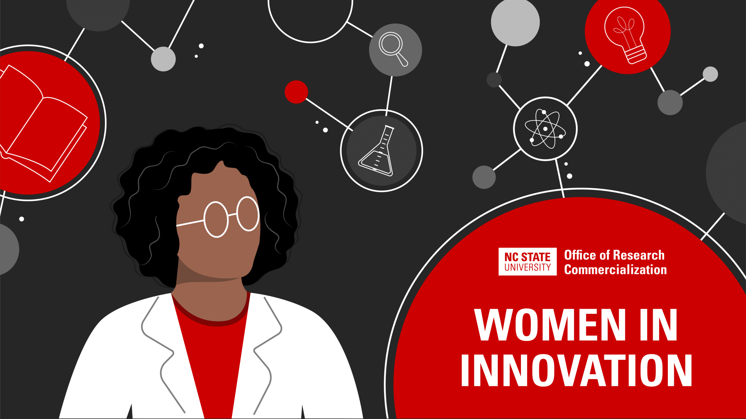 'Illustration of a person with curly hair and glasses, wearing a white coat. Background includes icons of a book, light bulb, atom, and flask. Text reads "Women in Innovation, NC State University Office of Research Commercialization.'