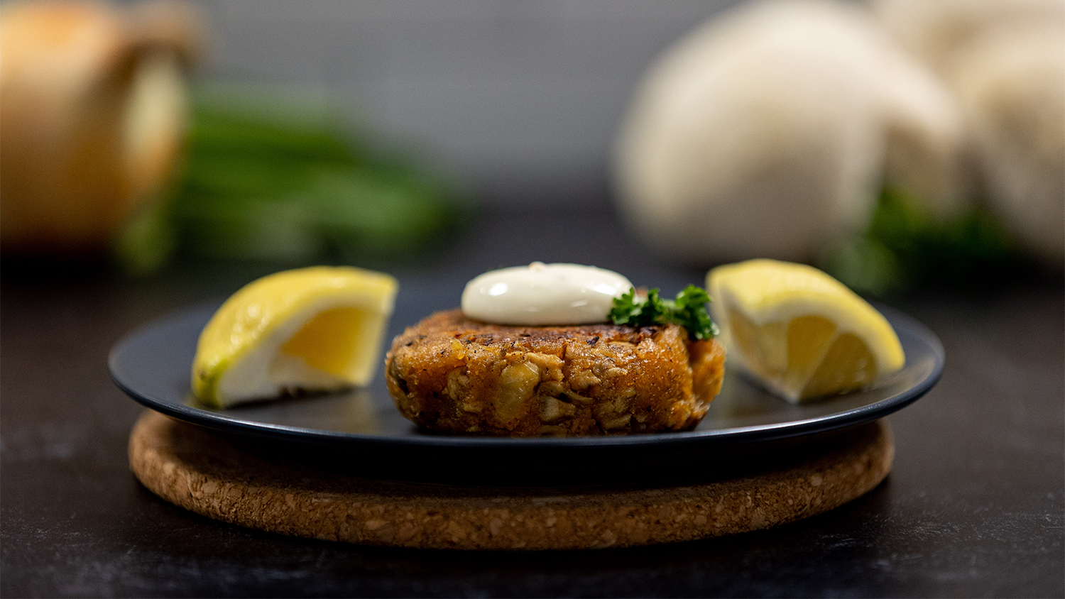 Pictured is a mushroom-based burger made in the lab.