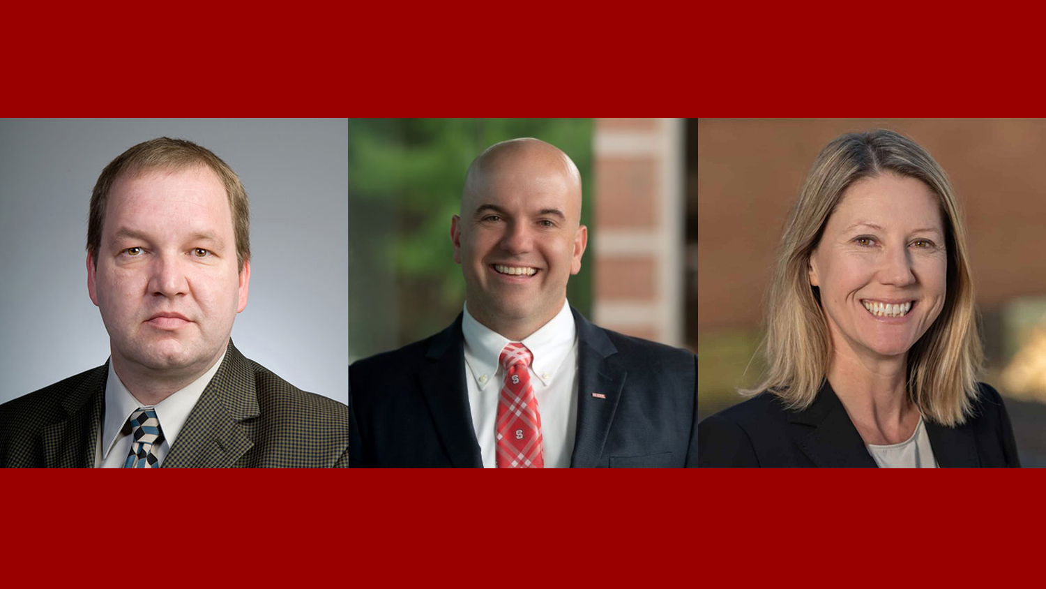 Overlaying a dark red background, photos of three AAAS Fellow honorees.