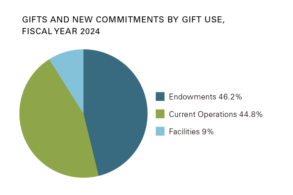 Multi-color pie graph showing giving by use for 2024.
