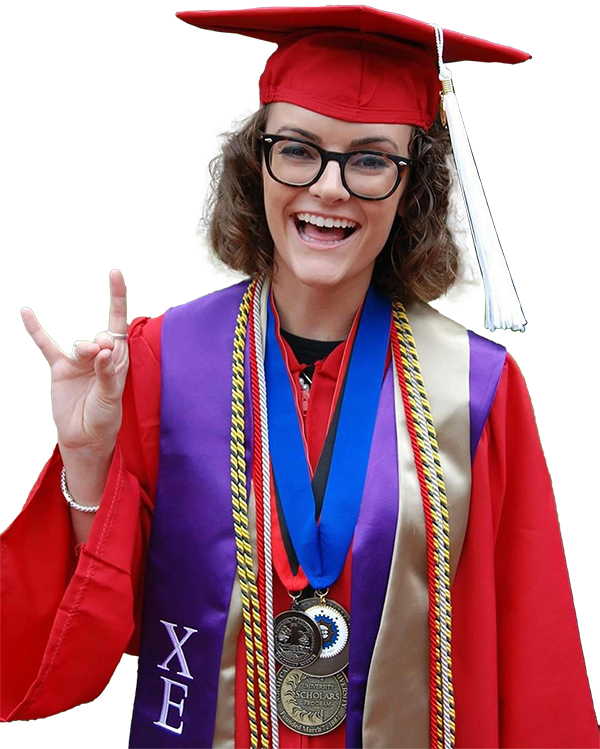 Meredith Martinez wearing a red cap and gown on graduation day 2017.