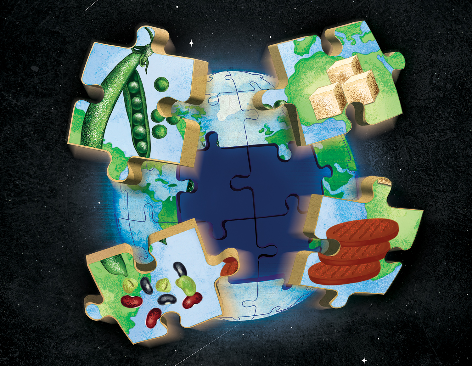 illustration showing the Earth with puzzle pieces; the pieces have images of different types of lab grown protein products
