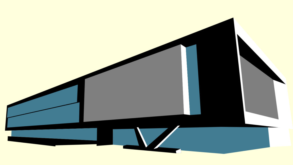 Artist drawing of Fitts-Woolard Hall in teal, gray and black with an ivory background.