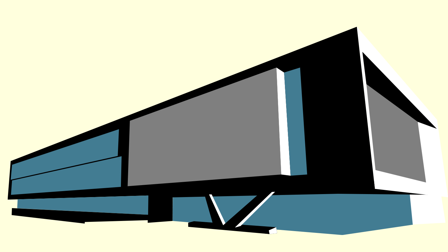 Artist drawing of Fitts-Woolard Hall in teal, gray and black with an ivory background.
