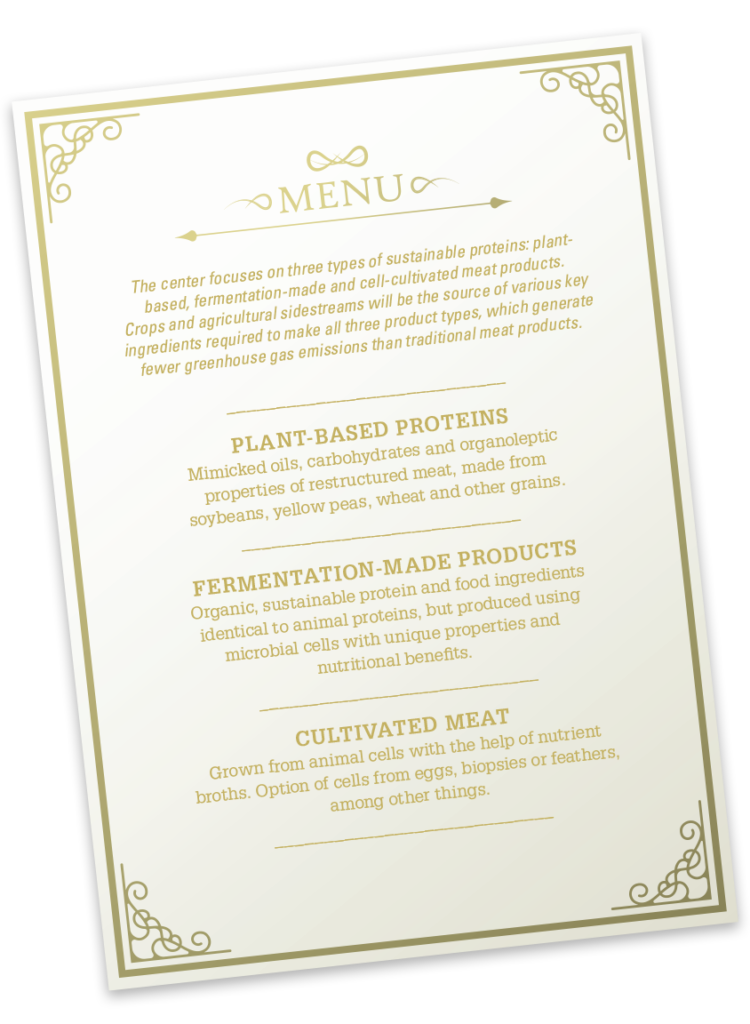 A stylized menu in cream paper and gold lettering and bordering. The text explains the various types of plant-based proteins being produced in labs.