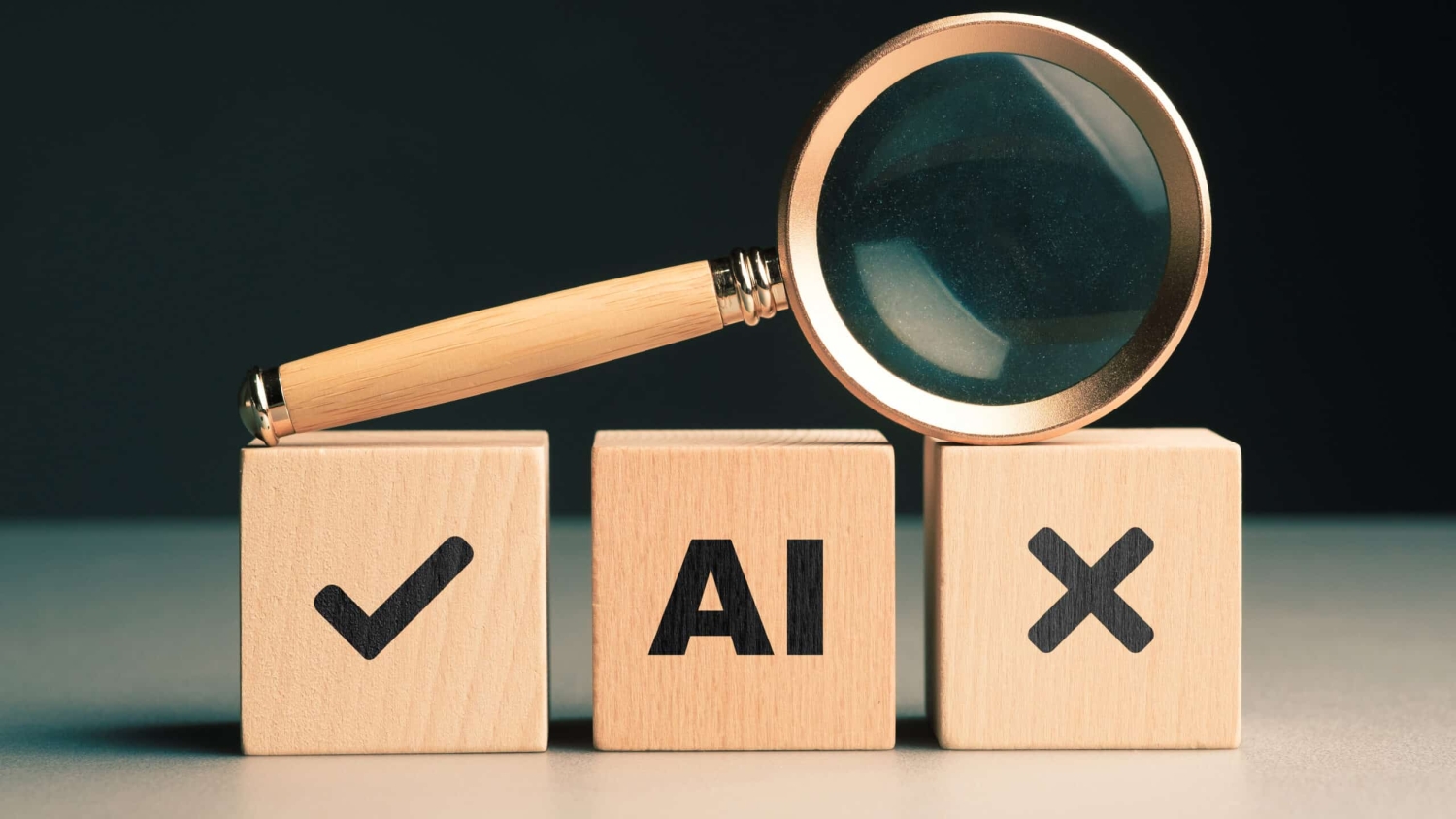 Three wood blocks with a magnifying glass sitting on top of them. The blocks read check sign, AI, and X.