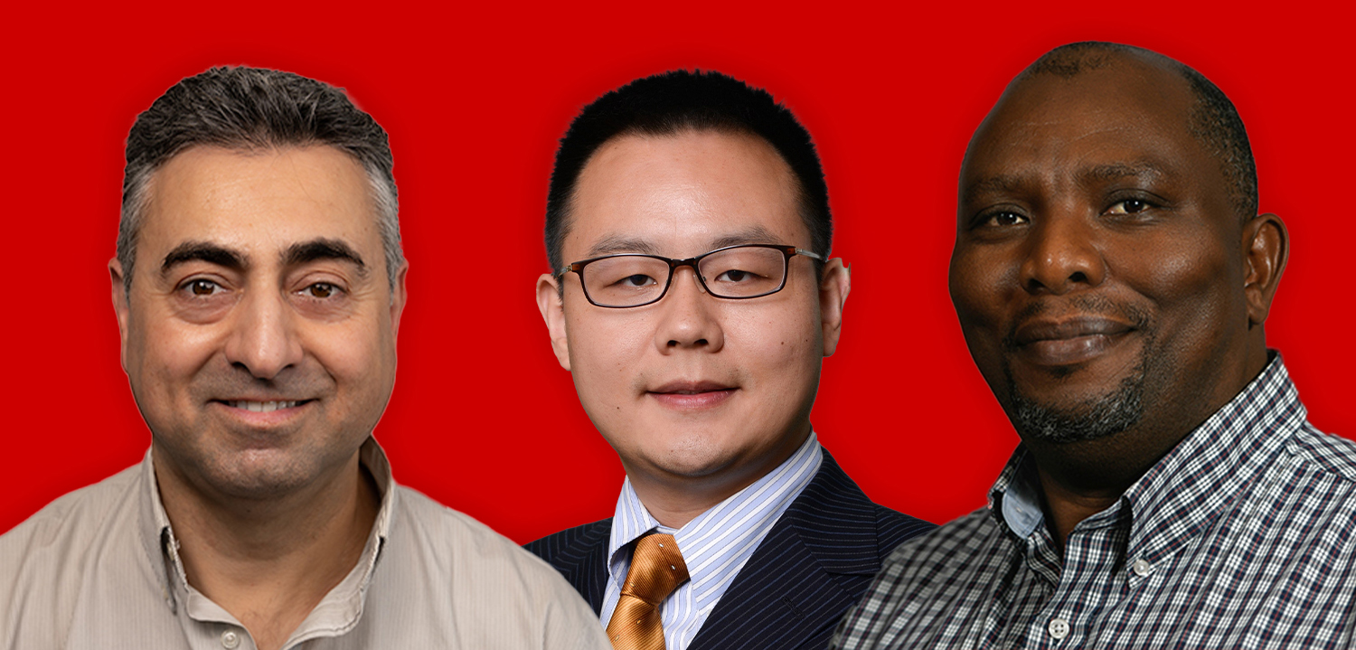 From left: Victor Veliavis, Ge Yang and Martin Thuo profile photos overlaid on a red background.