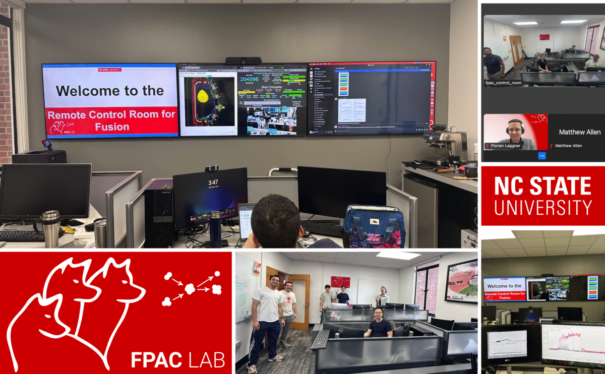 A composite image of several photos taken of the new fusion remote control center at NC State University. Includes photos of a wall of computer screens, university logos in red and white, group students in cubicle office setting.