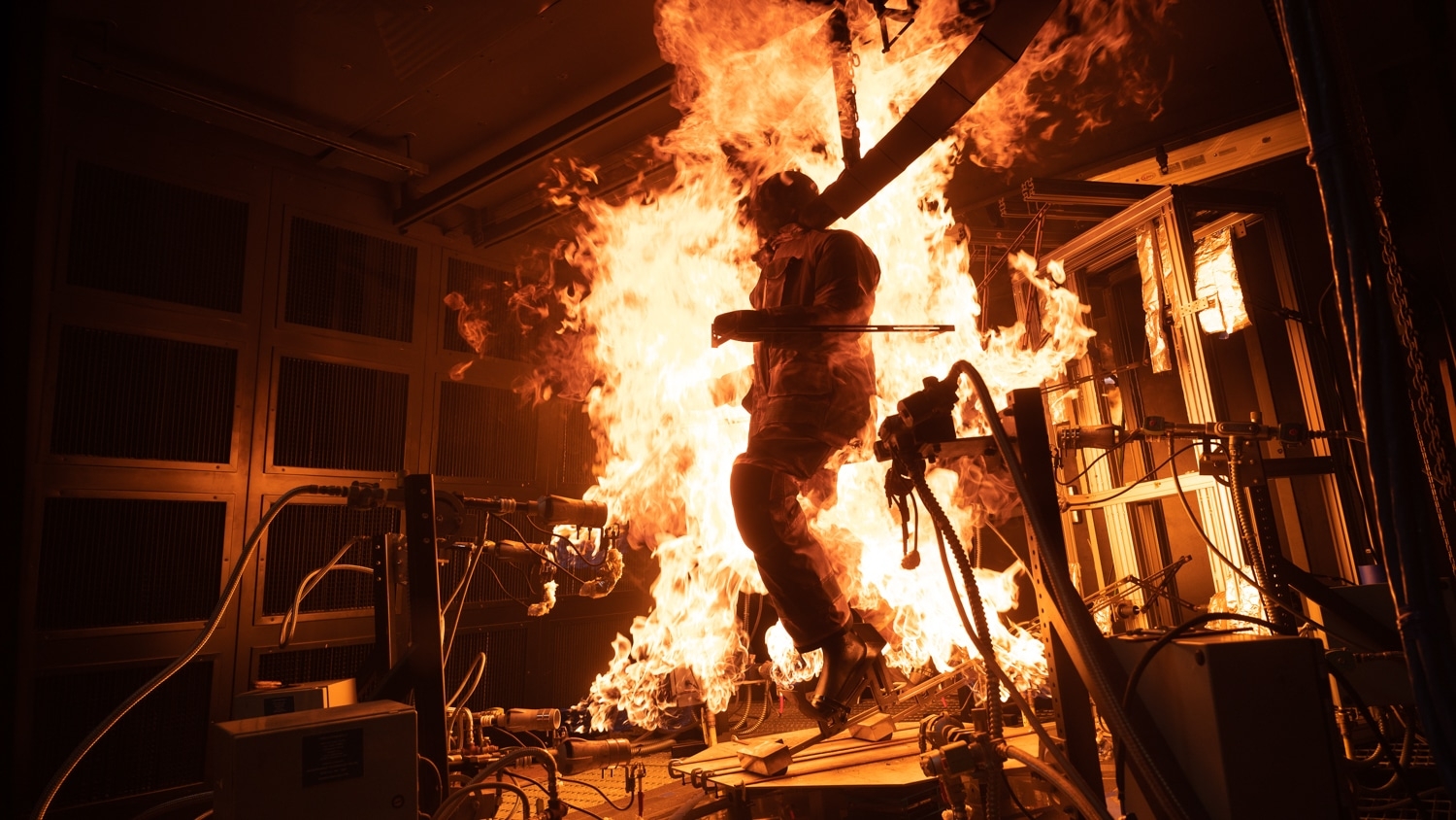 Dynamic PyroMan on fire in the Textile Protection and Comfort Center.