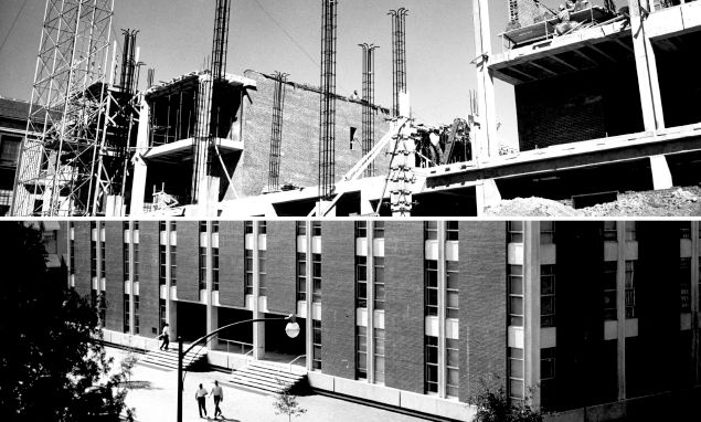 These photos show crews constructing the current Mann Hall in 1964 and the finished building in 1965.