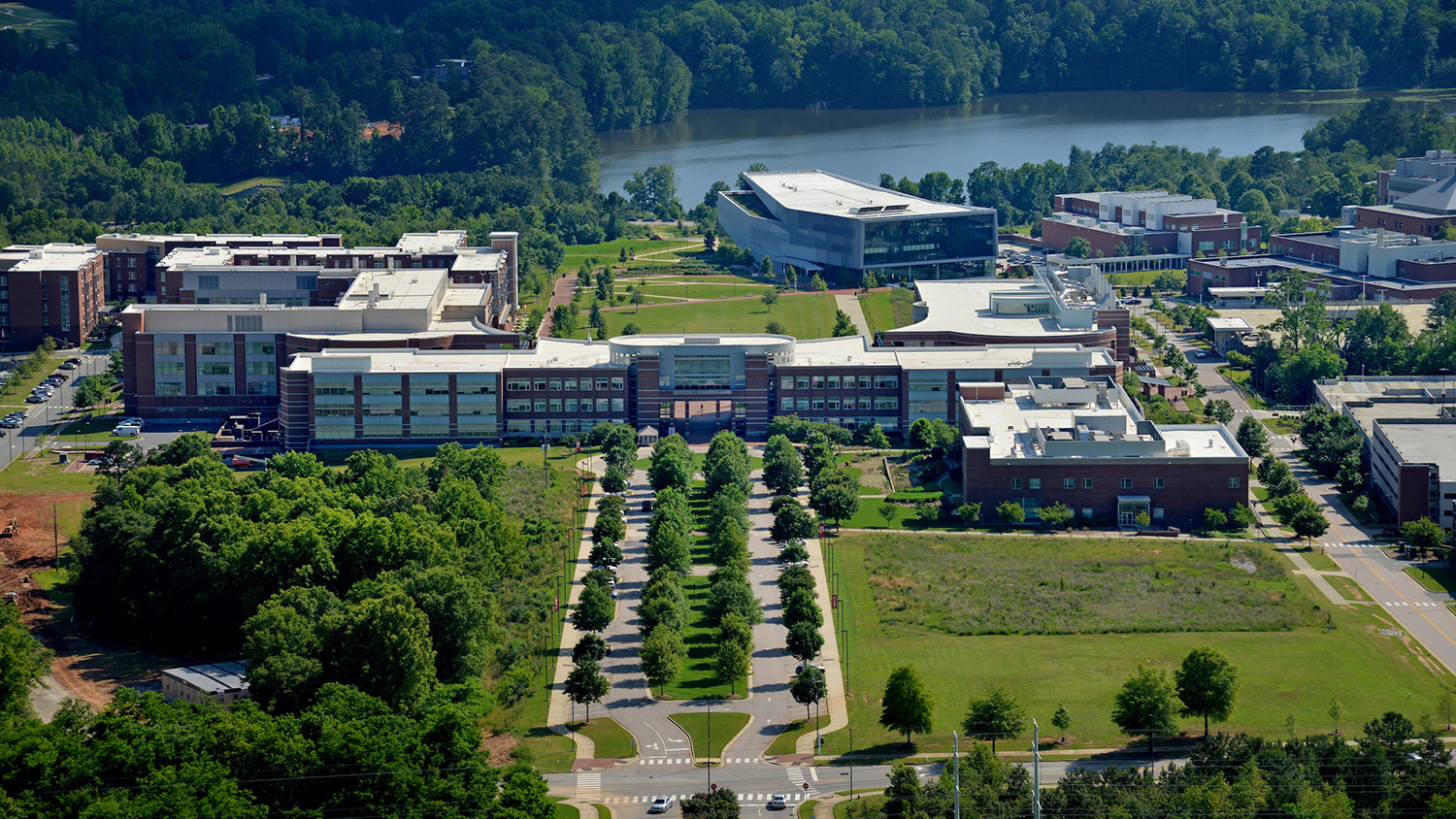Aerial view of Engineering Buildings and Hunt Library on Centennial Campus