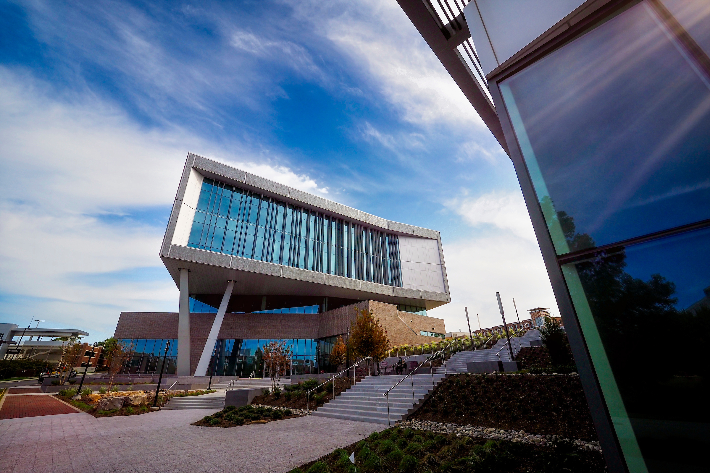 Front view of the Fitts-Woolard engineering building on Centennial Campus.