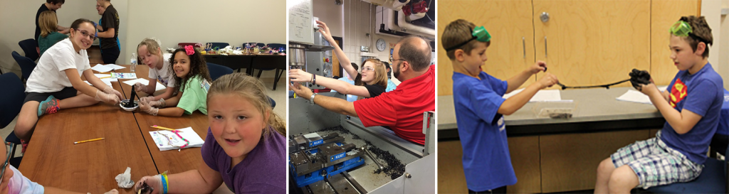 composite image showing three scenes of children engaged in learning about engineering; Left: four girls work at a table; Middle: a girl is assisted by an adult during an engineering workshop; Right: two boys wearing goggles work on a project together