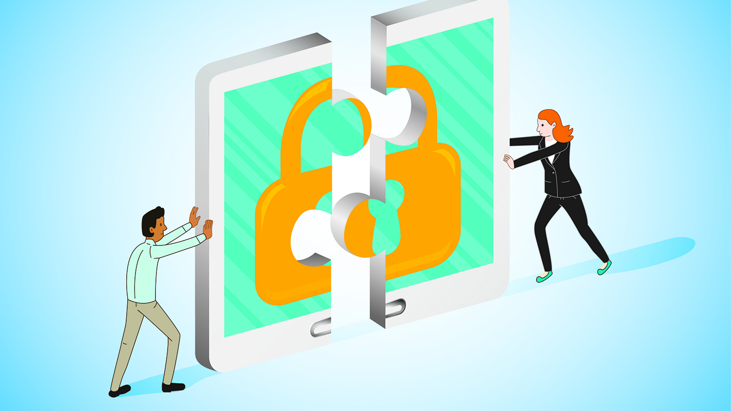 Cartoon illustration of man and woman pushing together two puzzle pieces of a lock.