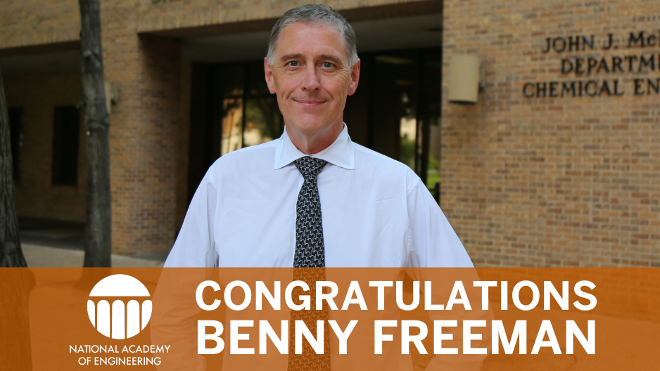 Benny Freeman dressed in a shirt and tie standing in front of a brick building. A light brown text box is superimposed over bottom of image stating "Congratulations Benny Freeman" with the National Academy of Engineering logo on the left side.