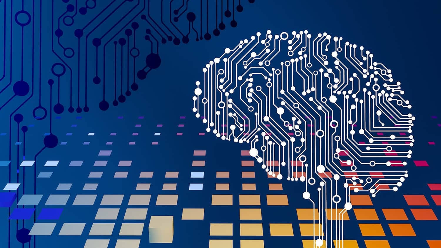 illustration shows the shape of a brain, but made up of circuits.
