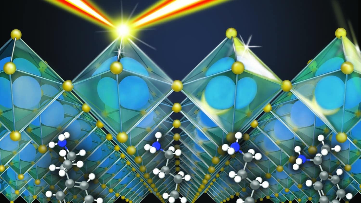 image shows an orderly array of blue cubes, with a network of silver spheres descending from it
