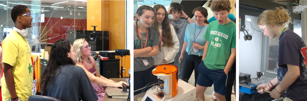 composite of three images showing students working and viewing different engineering projects