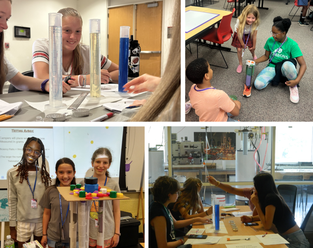 composite image showing four different photos of children learning about engineering: Top left: three girls work with liguids in tall cylindrical containers; Top right: two girls and a boy work with a prosthetic leg; Bottom left: three girls work with a pedestal and blocks; Bottom right: three girls work with liquid in a cylinder and papers scattered on a table.