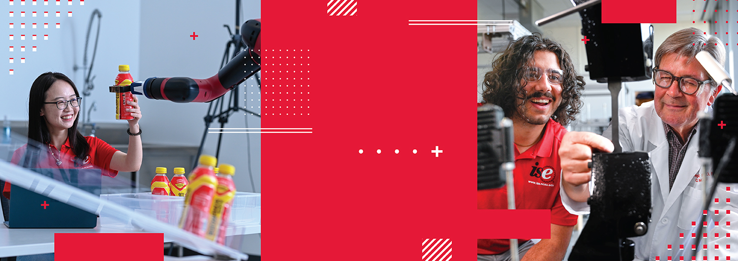 composite image showing a female student  on the left holding a bottle along with a robotic arm; on the right are two men, one a student, the other an older faculty member, working together on an experiment in a lab. center of the image is a red block with graphic elements scattered throughout the overall image.