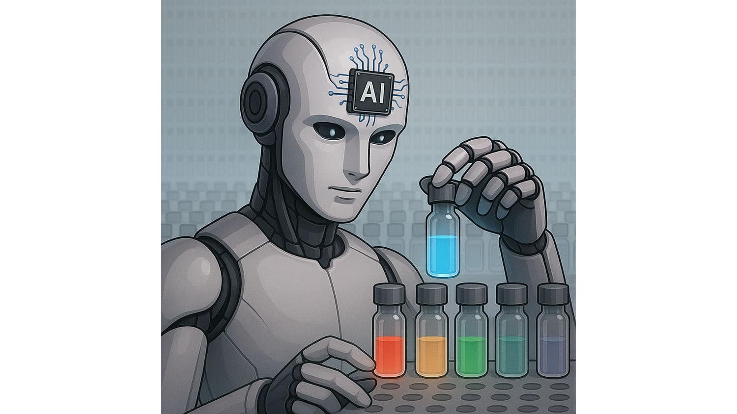 a robot inspects a collection of rainbow-colored test tubes