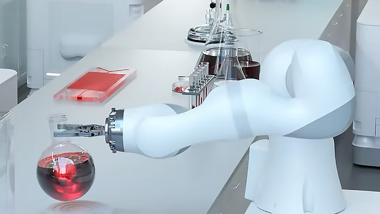 Illustration of an autonomous lab with a robot arm holding a beaker filled with red fluid
