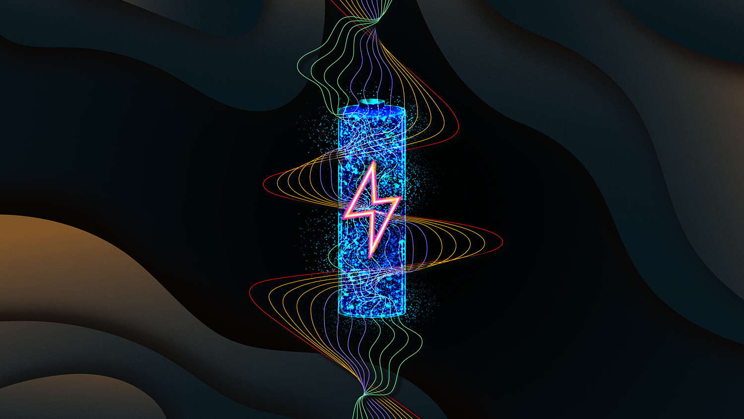traditional cylindrical battery in blue with a luminous pink electrical bolt in the middle