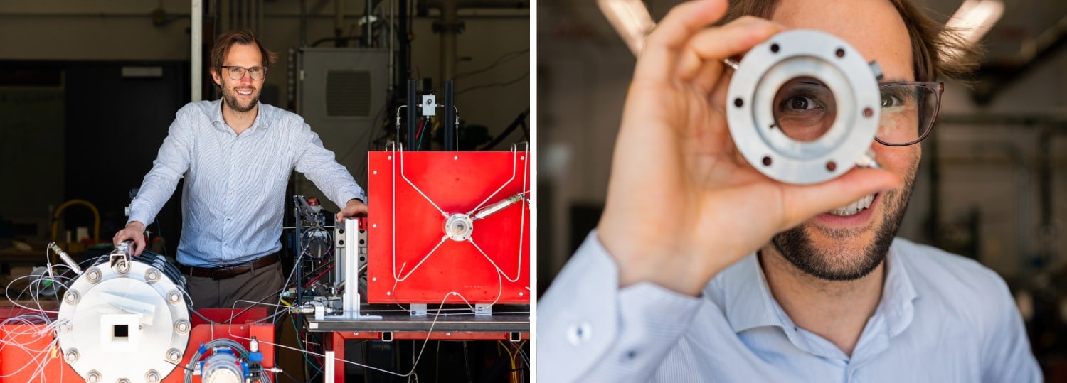 "A two part image of a man standing in a warehouse-type lab behind some large equipment and machines"